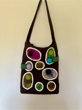 Handmade Brown Felt Shoulder Bag with Colorful Circle Appliqués